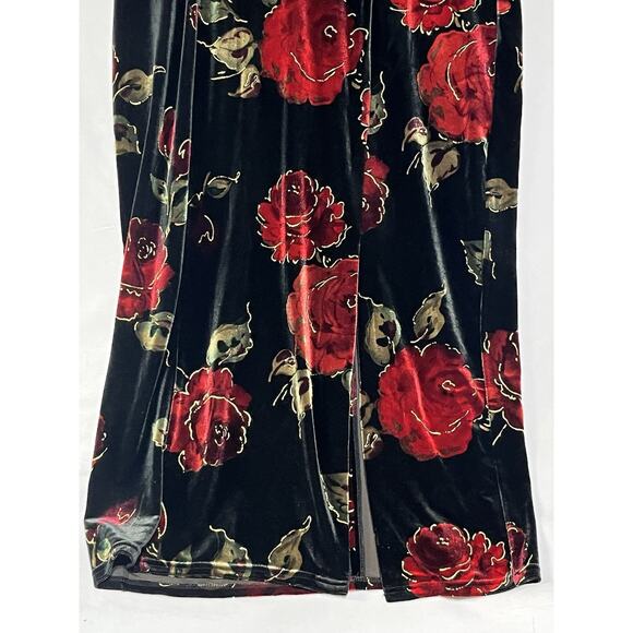 Worthington Velvet Burnout Midi Dress 12 Petite Black Red Roses Square Neck Slit - Picture 6 of 9
